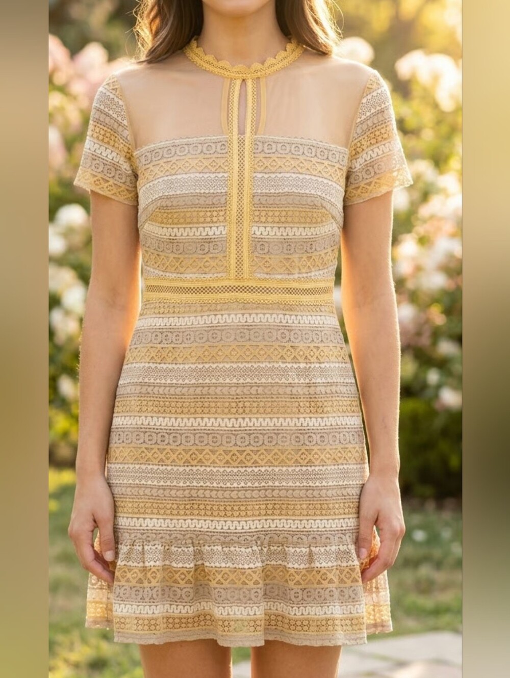Yellow and Cream Lace Fit-and-Flare Dress